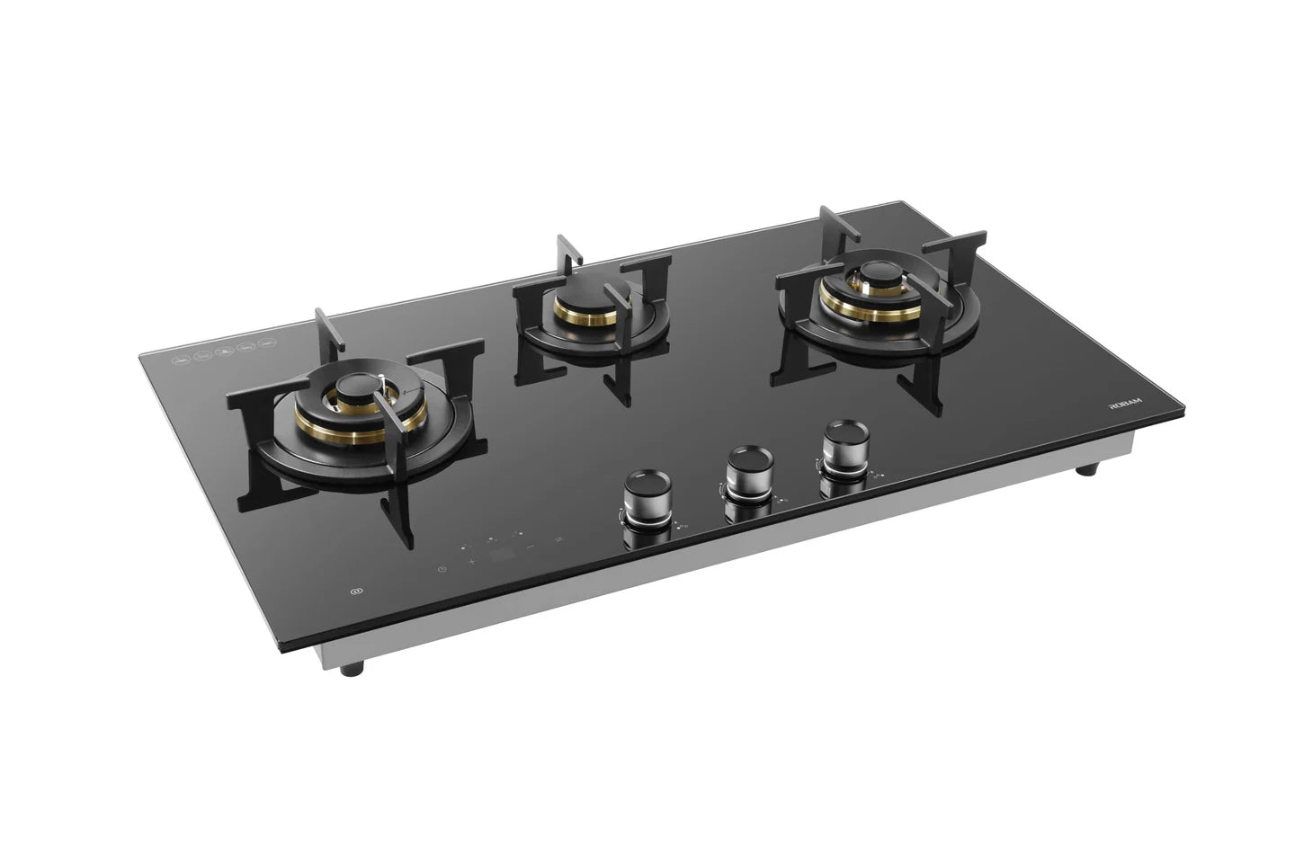 Black glass gas stove with three burners on a white background