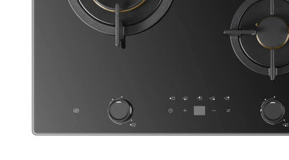 Close-up of a black glass cooktop for the main knobs on a white background