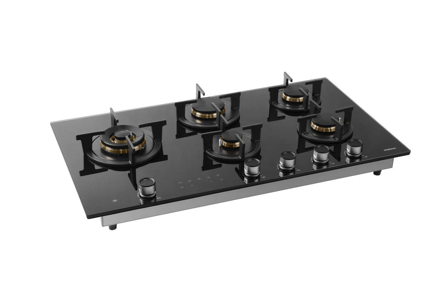 Black gas stove with five burners on a white background