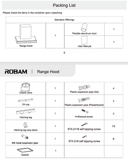 Packing list for a ROBAM range hood with items and quantities listed.