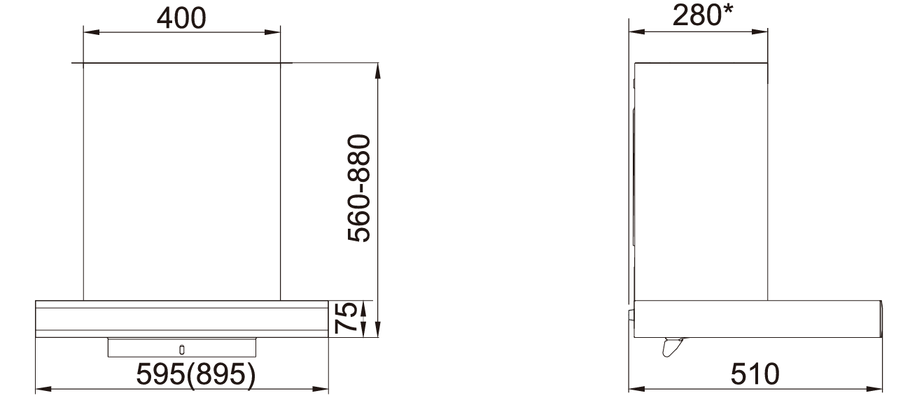 Technical drawing with dimensions of a Range Hood.
