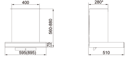 Technical drawing with dimensions of a Range Hood.