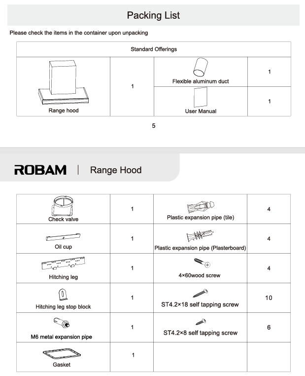 Packing list for a ROBAM range hood with items and quantities listed.